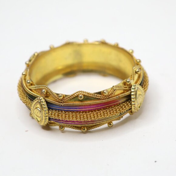 Ornate Indian Style Gold Tone Bangle Bracelet Multi-Color Enamel Filigree Blue - Picture 3 of 7